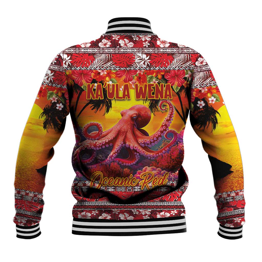 Hawaii KaUla Wena Octopus Baseball Jacket Oceanic Red with Corals and Tropical On Sunset Landscape LT03 - Polynesian Pride