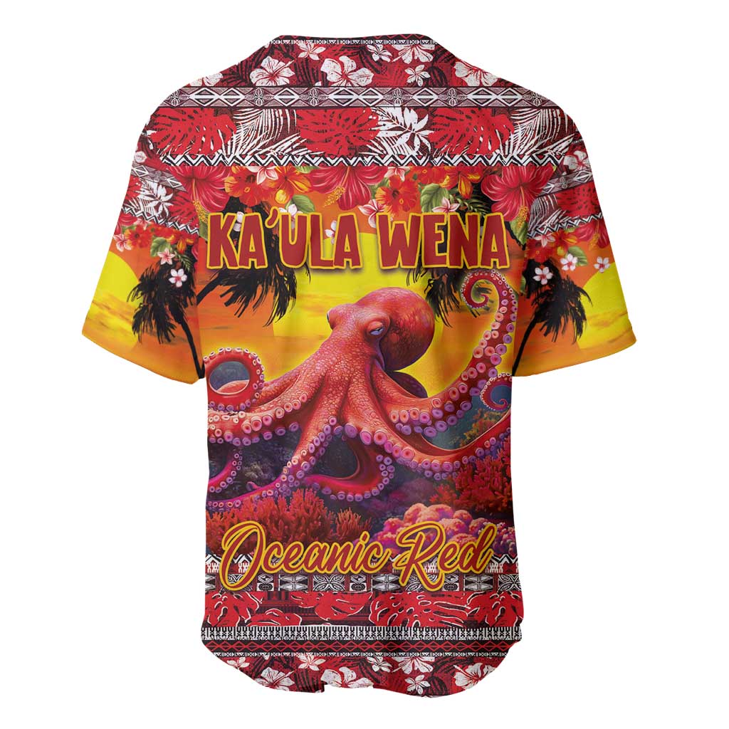 Hawaii KaʻUla Wena Octopus Baseball Jersey Oceanic Red with Corals and Tropical On Sunset Landscape