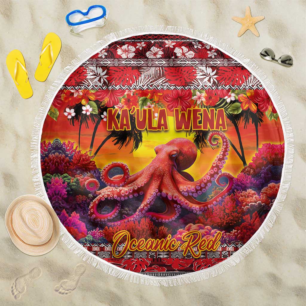 Hawaii KaUla Wena Octopus Beach Blanket Oceanic Red with Corals and Tropical On Sunset Landscape LT03 One Size 150cm Red - Polynesian Pride