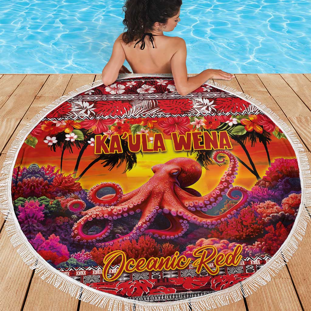Hawaii KaUla Wena Octopus Beach Blanket Oceanic Red with Corals and Tropical On Sunset Landscape LT03 - Polynesian Pride
