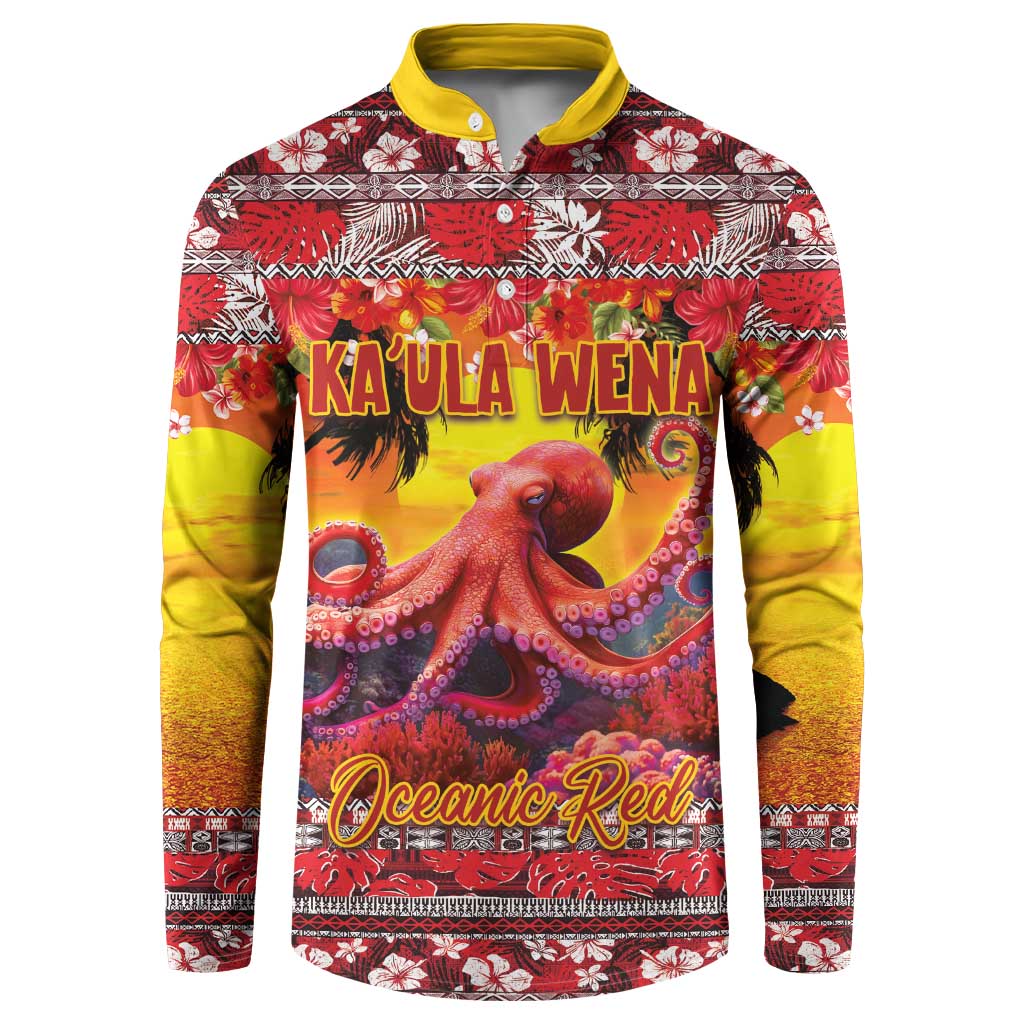 Hawaii KaUla Wena Octopus Button Sweatshirt Oceanic Red with Corals and Tropical On Sunset Landscape LT03 Red - Polynesian Pride