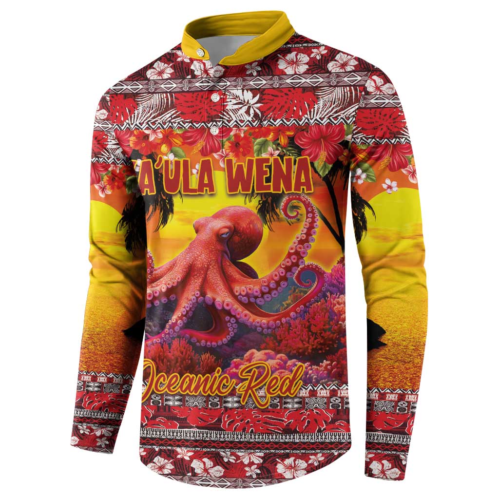 Hawaii KaUla Wena Octopus Button Sweatshirt Oceanic Red with Corals and Tropical On Sunset Landscape LT03 - Polynesian Pride