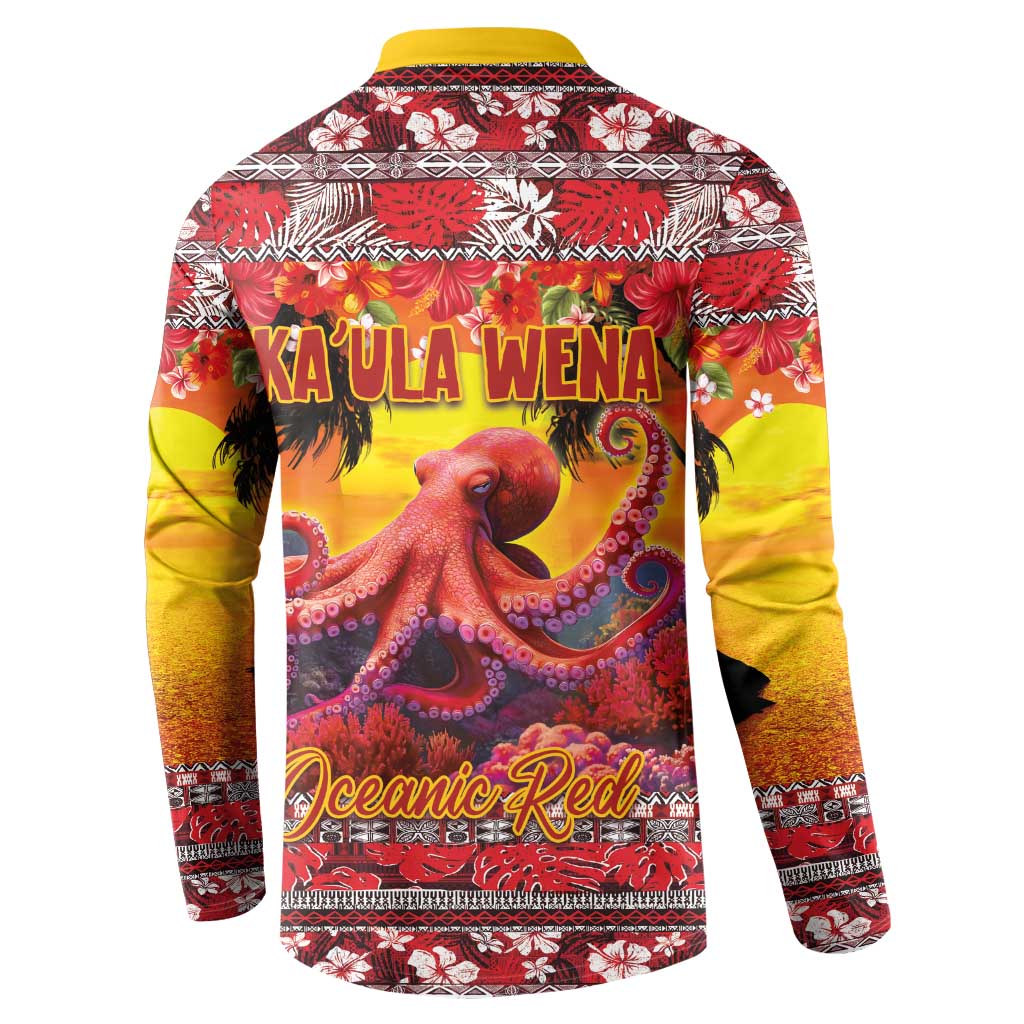 Hawaii KaUla Wena Octopus Button Sweatshirt Oceanic Red with Corals and Tropical On Sunset Landscape LT03 - Polynesian Pride
