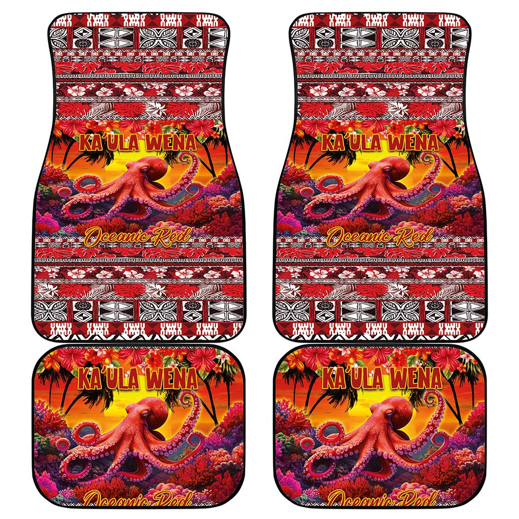 Hawaii KaʻUla Wena Octopus Car Mats Oceanic Red with Corals and Tropical On Sunset Landscape