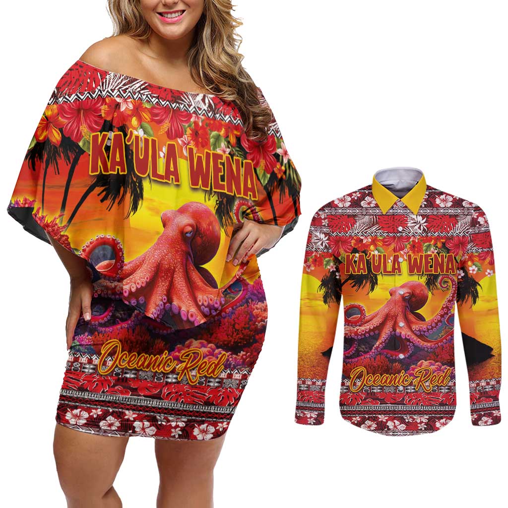 Hawaii KaUla Wena Octopus Couples Matching Off Shoulder Short Dress and Long Sleeve Button Shirt Oceanic Red with Corals and Tropical On Sunset Landscape LT03 Red - Polynesian Pride