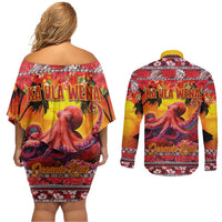 Hawaii KaUla Wena Octopus Couples Matching Off Shoulder Short Dress and Long Sleeve Button Shirt Oceanic Red with Corals and Tropical On Sunset Landscape LT03 - Polynesian Pride