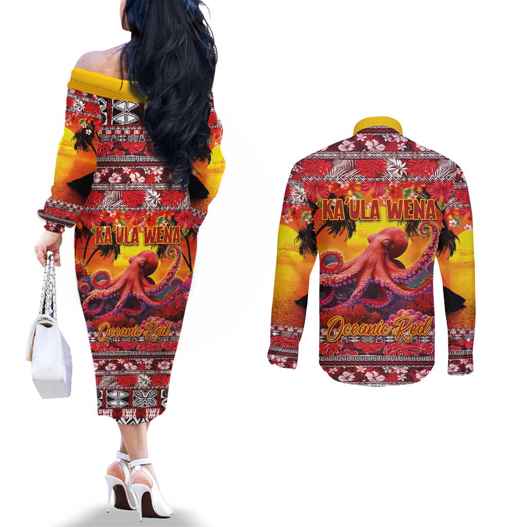 Hawaii KaʻUla Wena Octopus Couples Matching Off The Shoulder Long Sleeve Dress and Long Sleeve Button Shirt Oceanic Red with Corals and Tropical On Sunset Landscape