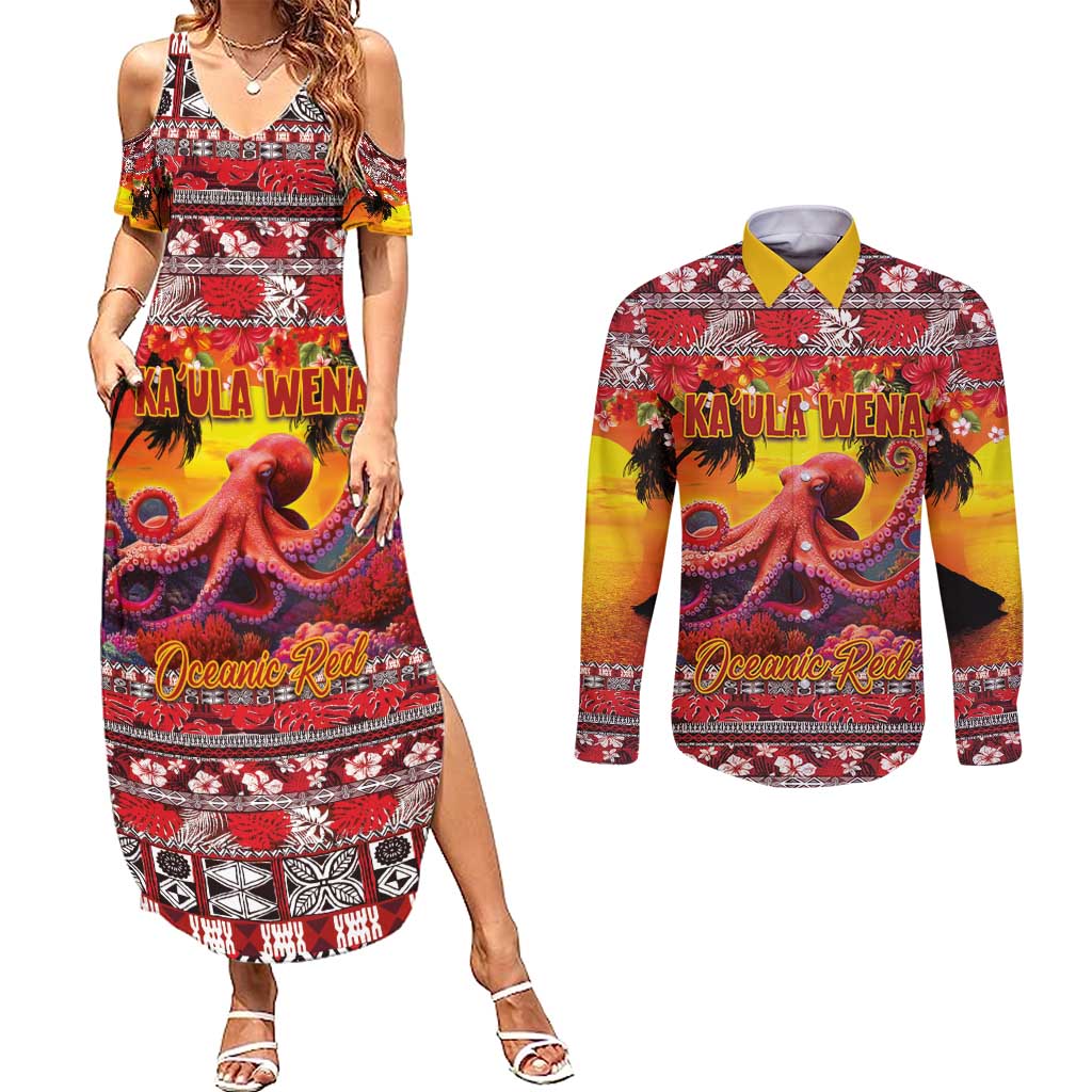 Hawaii KaUla Wena Octopus Couples Matching Summer Maxi Dress and Long Sleeve Button Shirt Oceanic Red with Corals and Tropical On Sunset Landscape LT03 Red - Polynesian Pride