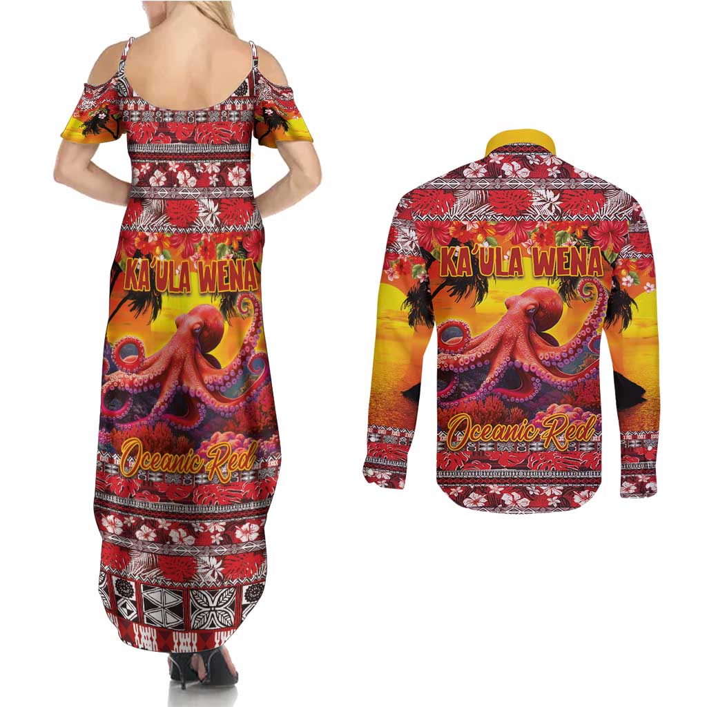 Hawaii KaʻUla Wena Octopus Couples Matching Summer Maxi Dress and Long Sleeve Button Shirt Oceanic Red with Corals and Tropical On Sunset Landscape