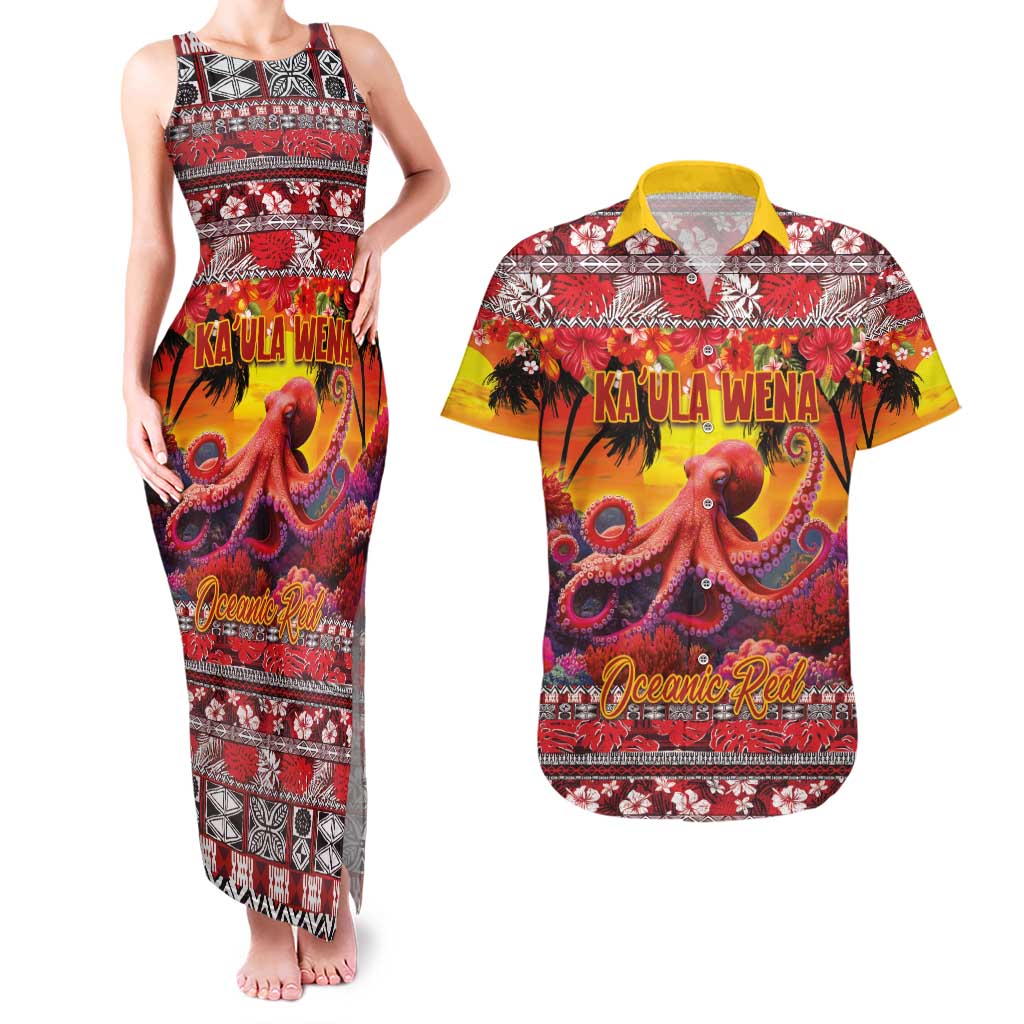 Hawaii KaUla Wena Octopus Couples Matching Tank Maxi Dress and Hawaiian Shirt Oceanic Red with Corals and Tropical On Sunset Landscape LT03 Red - Polynesian Pride
