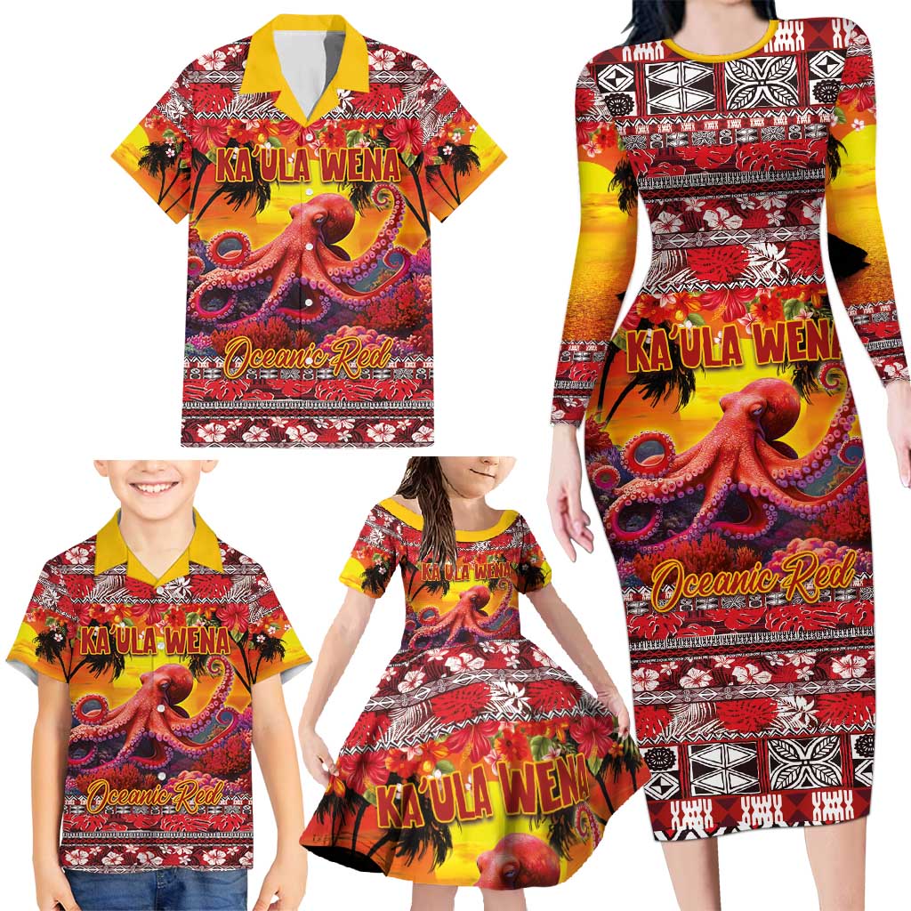 Hawaii KaʻUla Wena Octopus Family Matching Long Sleeve Bodycon Dress and Hawaiian Shirt Oceanic Red with Corals and Tropical On Sunset Landscape