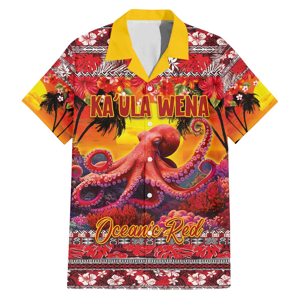 Hawaii KaʻUla Wena Octopus Family Matching Mermaid Dress and Hawaiian Shirt Oceanic Red with Corals and Tropical On Sunset Landscape