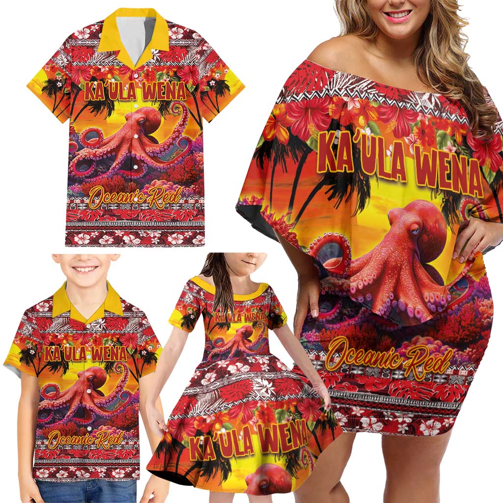 Hawaii KaʻUla Wena Octopus Family Matching Off Shoulder Short Dress and Hawaiian Shirt Oceanic Red with Corals and Tropical On Sunset Landscape