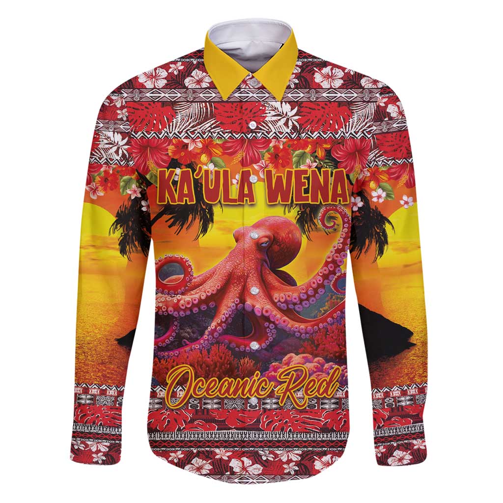 Hawaii KaʻUla Wena Octopus Family Matching Puletasi and Hawaiian Shirt Oceanic Red with Corals and Tropical On Sunset Landscape