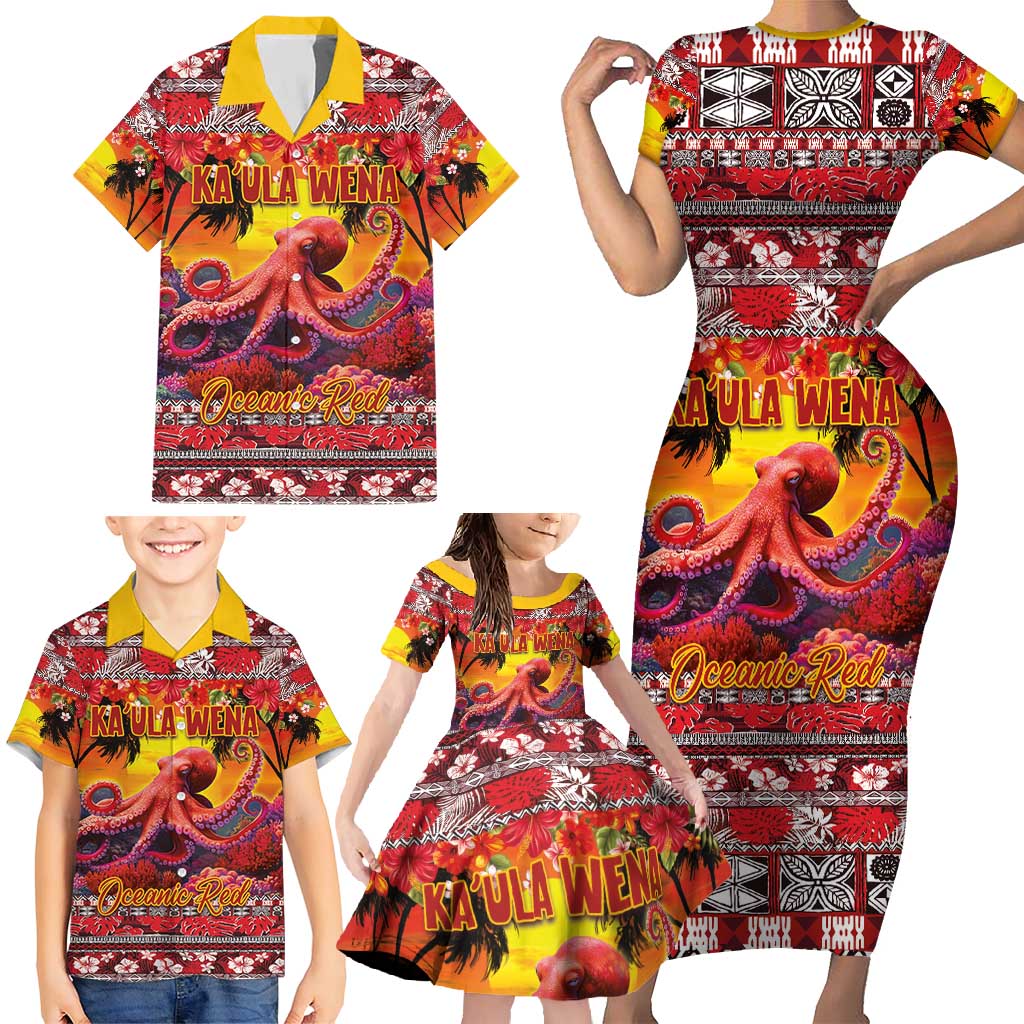 Hawaii KaʻUla Wena Octopus Family Matching Short Sleeve Bodycon Dress and Hawaiian Shirt Oceanic Red with Corals and Tropical On Sunset Landscape