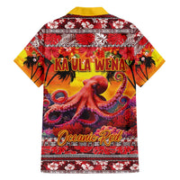 Hawaii KaʻUla Wena Octopus Family Matching Short Sleeve Bodycon Dress and Hawaiian Shirt Oceanic Red with Corals and Tropical On Sunset Landscape