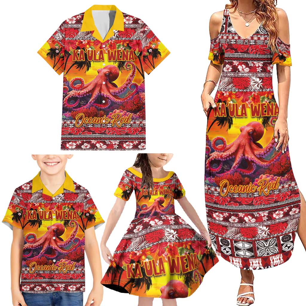 Hawaii KaʻUla Wena Octopus Family Matching Summer Maxi Dress and Hawaiian Shirt Oceanic Red with Corals and Tropical On Sunset Landscape