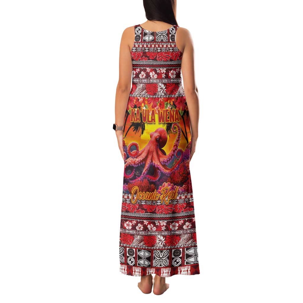 Hawaii KaʻUla Wena Octopus Family Matching Tank Maxi Dress and Hawaiian Shirt Oceanic Red with Corals and Tropical On Sunset Landscape