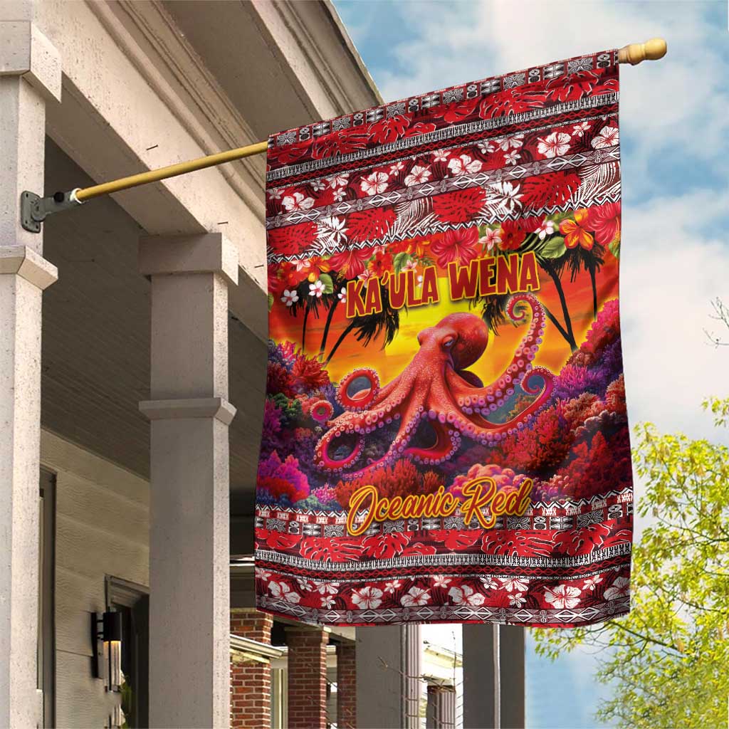 Hawaii KaUla Wena Octopus Garden Flag Oceanic Red with Corals and Tropical On Sunset Landscape LT03 House Flag Red - Polynesian Pride