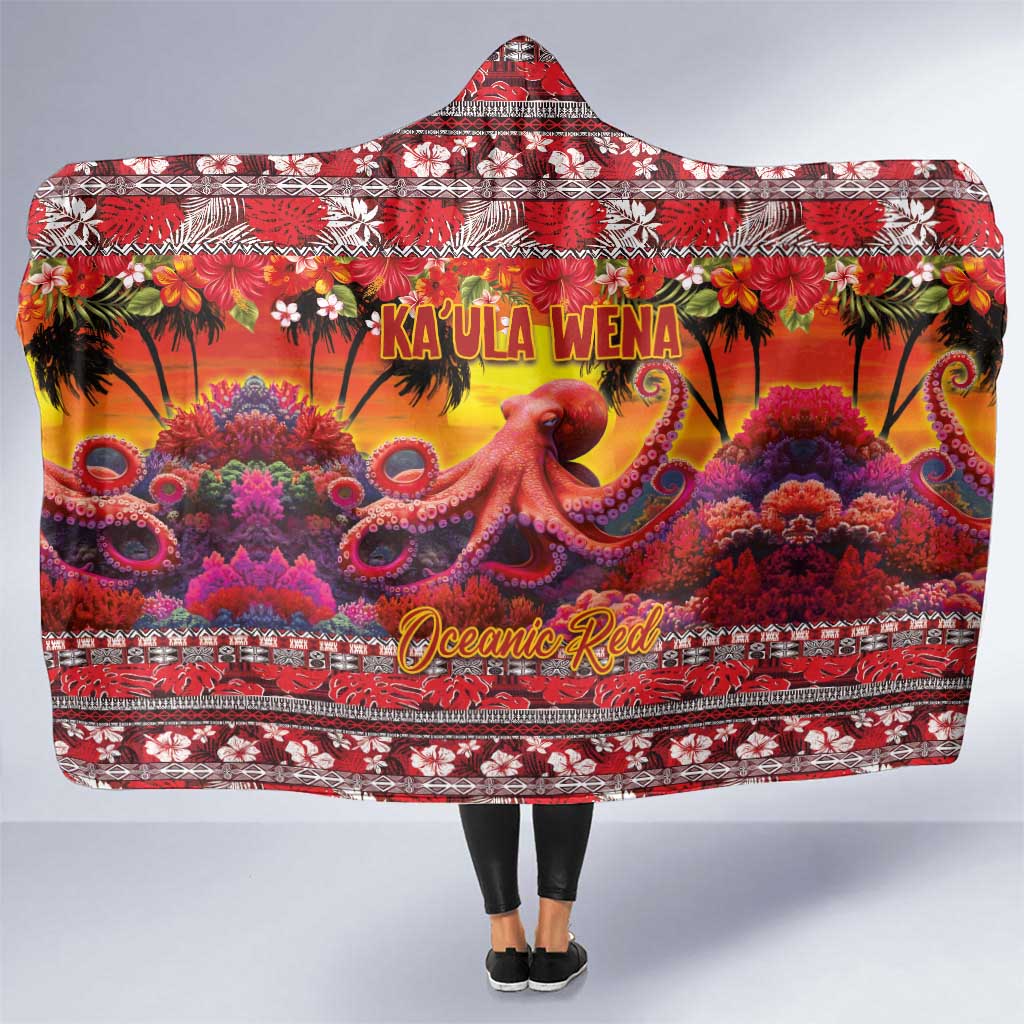 Hawaii KaUla Wena Octopus Hooded Blanket Oceanic Red with Corals and Tropical On Sunset Landscape LT03 One Size Red - Polynesian Pride
