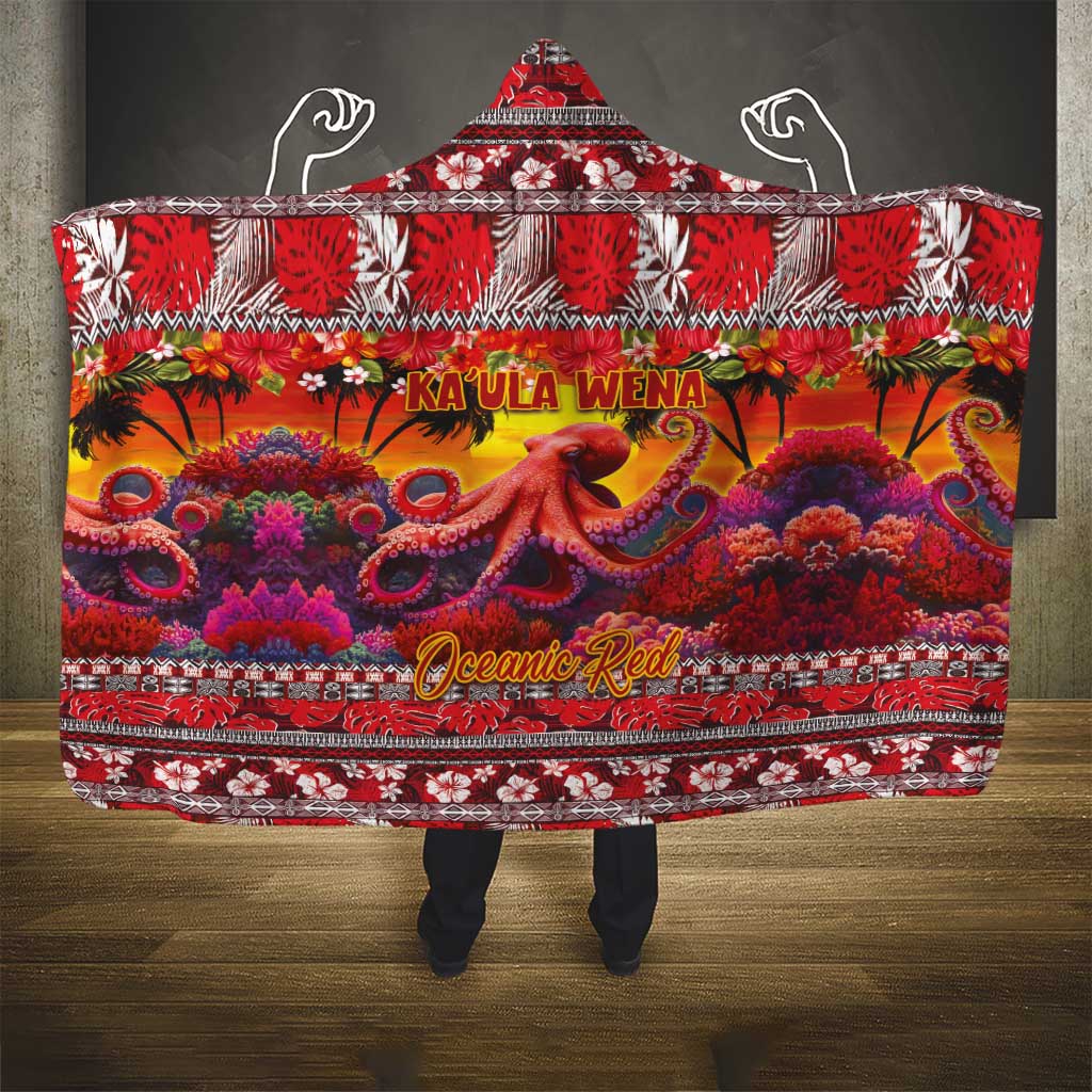Hawaii KaUla Wena Octopus Hooded Blanket Oceanic Red with Corals and Tropical On Sunset Landscape LT03 - Polynesian Pride