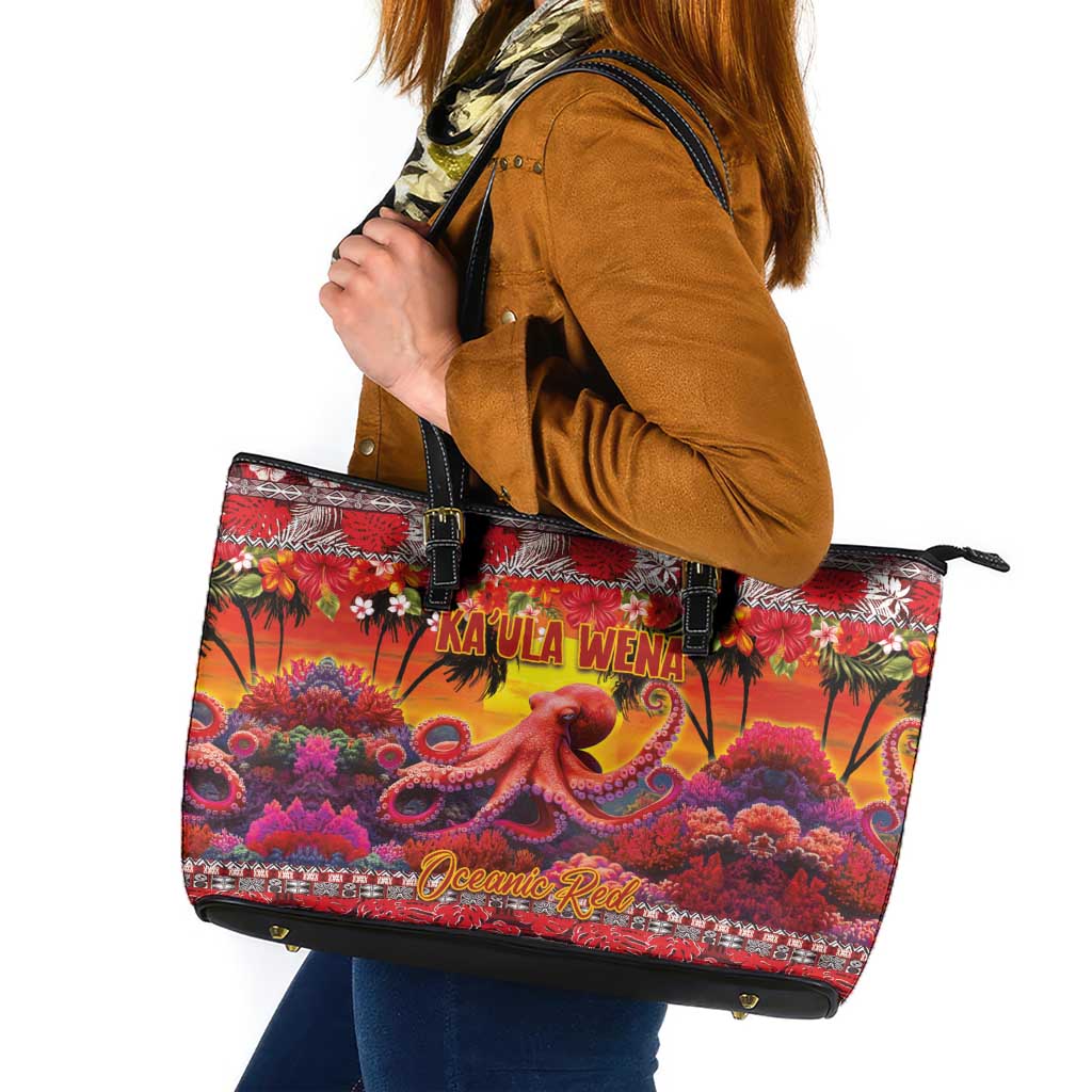 Hawaii KaUla Wena Octopus Leather Tote Bag Oceanic Red with Corals and Tropical On Sunset Landscape LT03 Red - Polynesian Pride