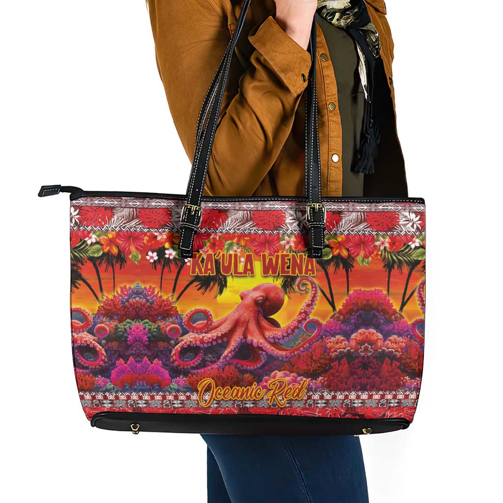 Hawaii KaUla Wena Octopus Leather Tote Bag Oceanic Red with Corals and Tropical On Sunset Landscape LT03 - Polynesian Pride