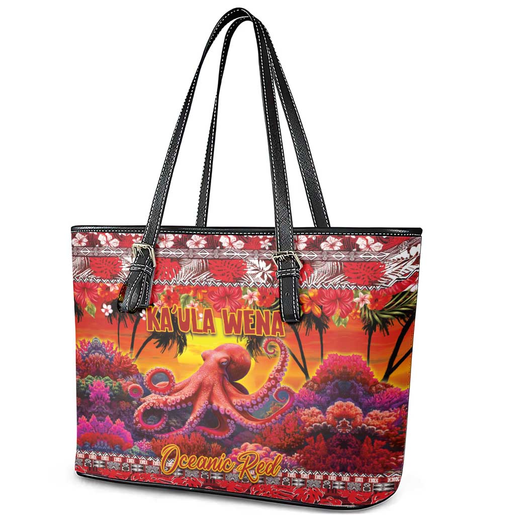 Hawaii KaUla Wena Octopus Leather Tote Bag Oceanic Red with Corals and Tropical On Sunset Landscape LT03 - Polynesian Pride