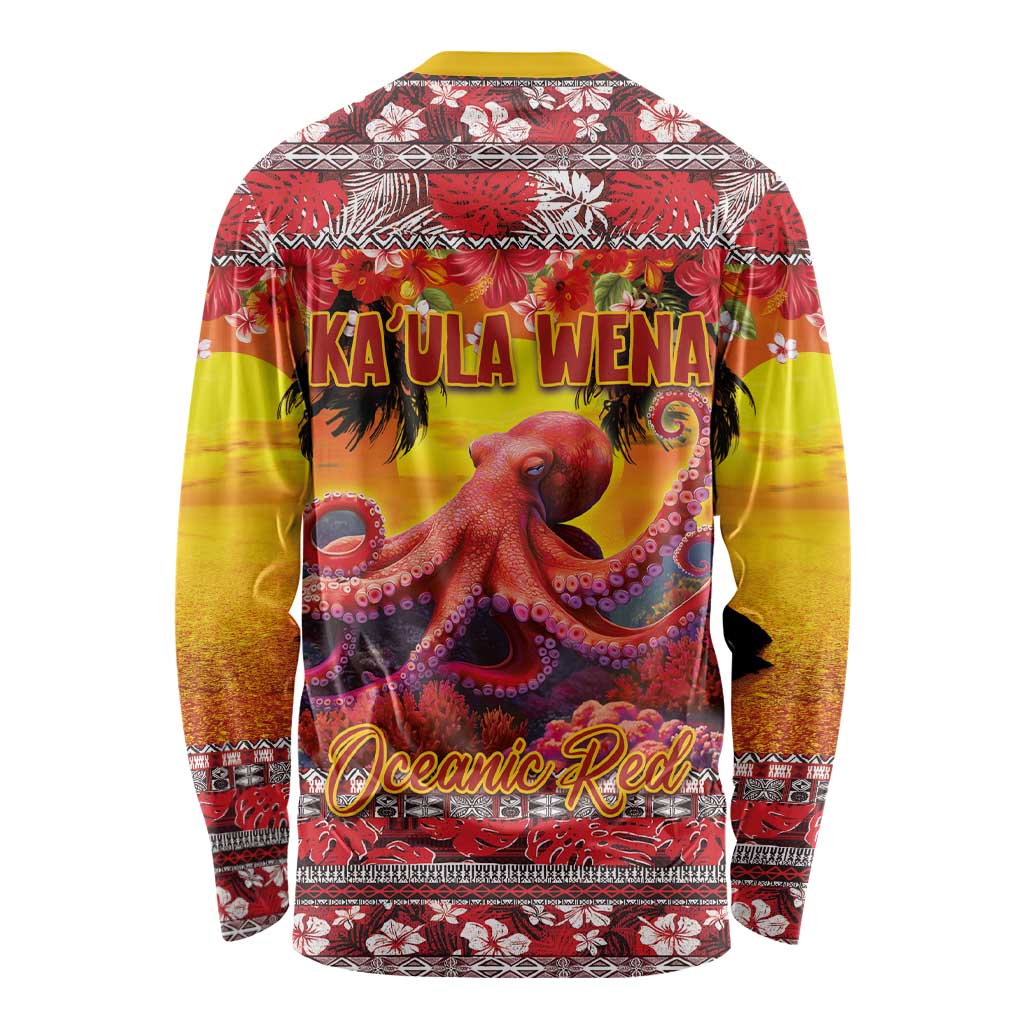 Hawaii KaʻUla Wena Octopus Long Sleeve Shirt Oceanic Red with Corals and Tropical On Sunset Landscape