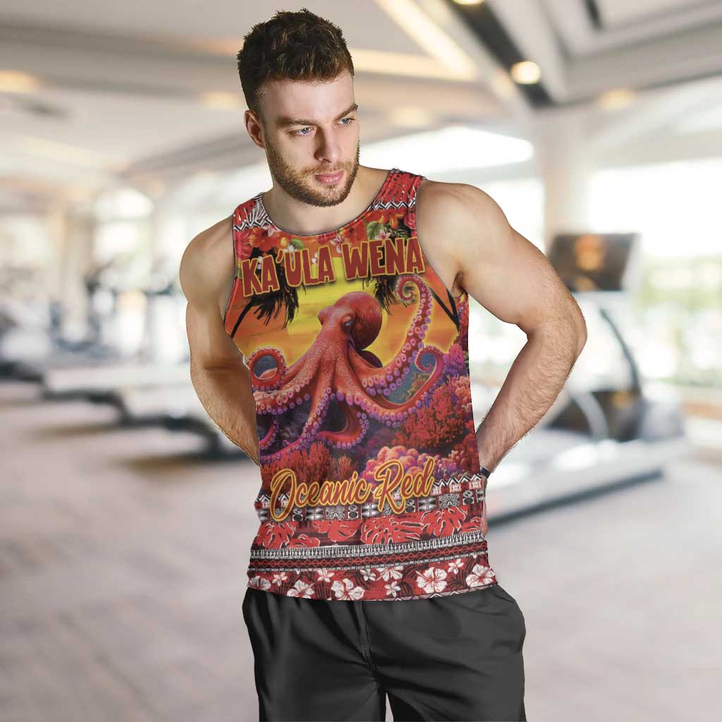 Hawaii KaUla Wena Octopus Men Tank Top Oceanic Red with Corals and Tropical On Sunset Landscape LT03 Red - Polynesian Pride