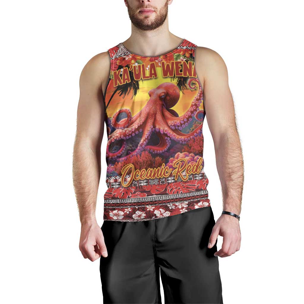 Hawaii KaUla Wena Octopus Men Tank Top Oceanic Red with Corals and Tropical On Sunset Landscape LT03 - Polynesian Pride