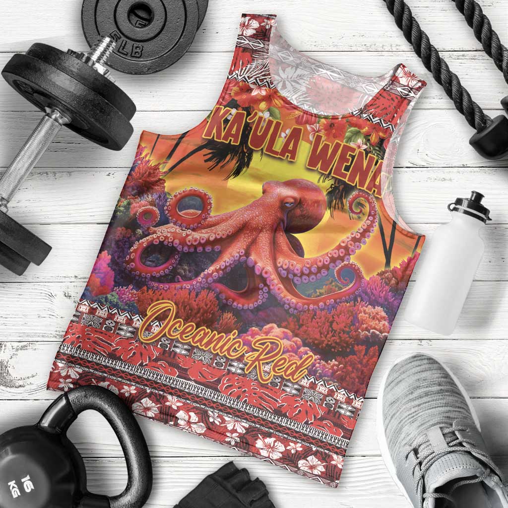 Hawaii KaUla Wena Octopus Men Tank Top Oceanic Red with Corals and Tropical On Sunset Landscape LT03 - Polynesian Pride