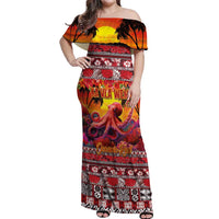 Hawaii KaUla Wena Octopus Off Shoulder Maxi Dress Oceanic Red with Corals and Tropical On Sunset Landscape LT03 Women Red - Polynesian Pride