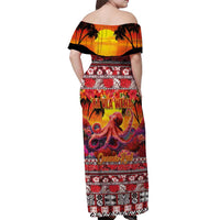 Hawaii KaUla Wena Octopus Off Shoulder Maxi Dress Oceanic Red with Corals and Tropical On Sunset Landscape LT03 - Polynesian Pride