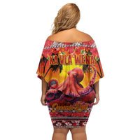 Hawaii KaUla Wena Octopus Off Shoulder Short Dress Oceanic Red with Corals and Tropical On Sunset Landscape LT03 - Polynesian Pride