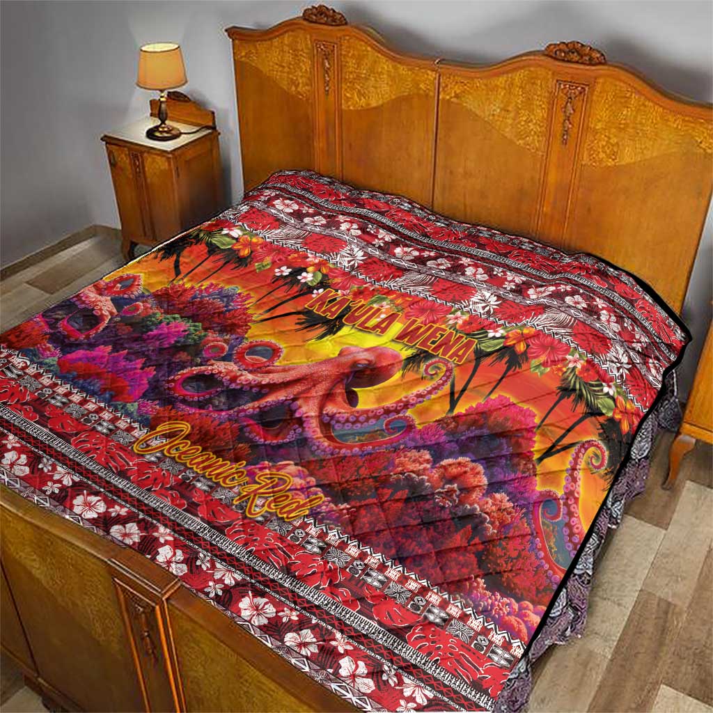 Hawaii KaʻUla Wena Octopus Quilt Oceanic Red with Corals and Tropical On Sunset Landscape