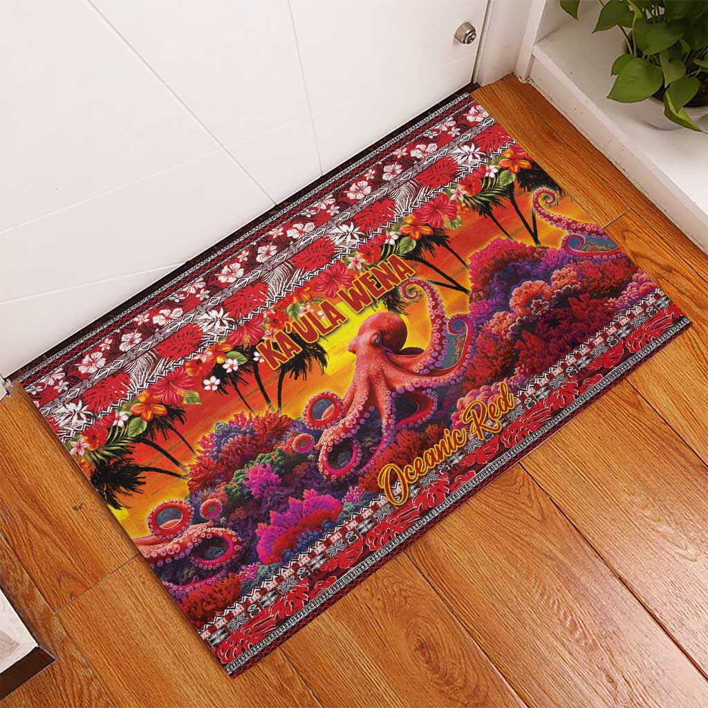 Hawaii KaUla Wena Octopus Rubber Doormat Oceanic Red with Corals and Tropical On Sunset Landscape LT03 - Polynesian Pride