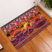 Hawaii KaUla Wena Octopus Rubber Doormat Oceanic Red with Corals and Tropical On Sunset Landscape LT03 - Polynesian Pride