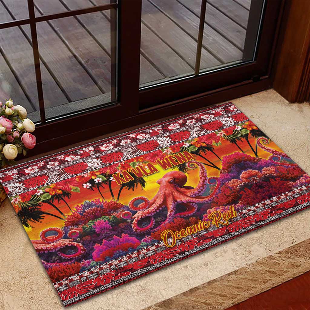 Hawaii KaUla Wena Octopus Rubber Doormat Oceanic Red with Corals and Tropical On Sunset Landscape LT03 - Polynesian Pride