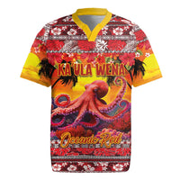 Hawaii KaUla Wena Octopus Rugby Jersey Oceanic Red with Corals and Tropical On Sunset Landscape LT03 Red - Polynesian Pride