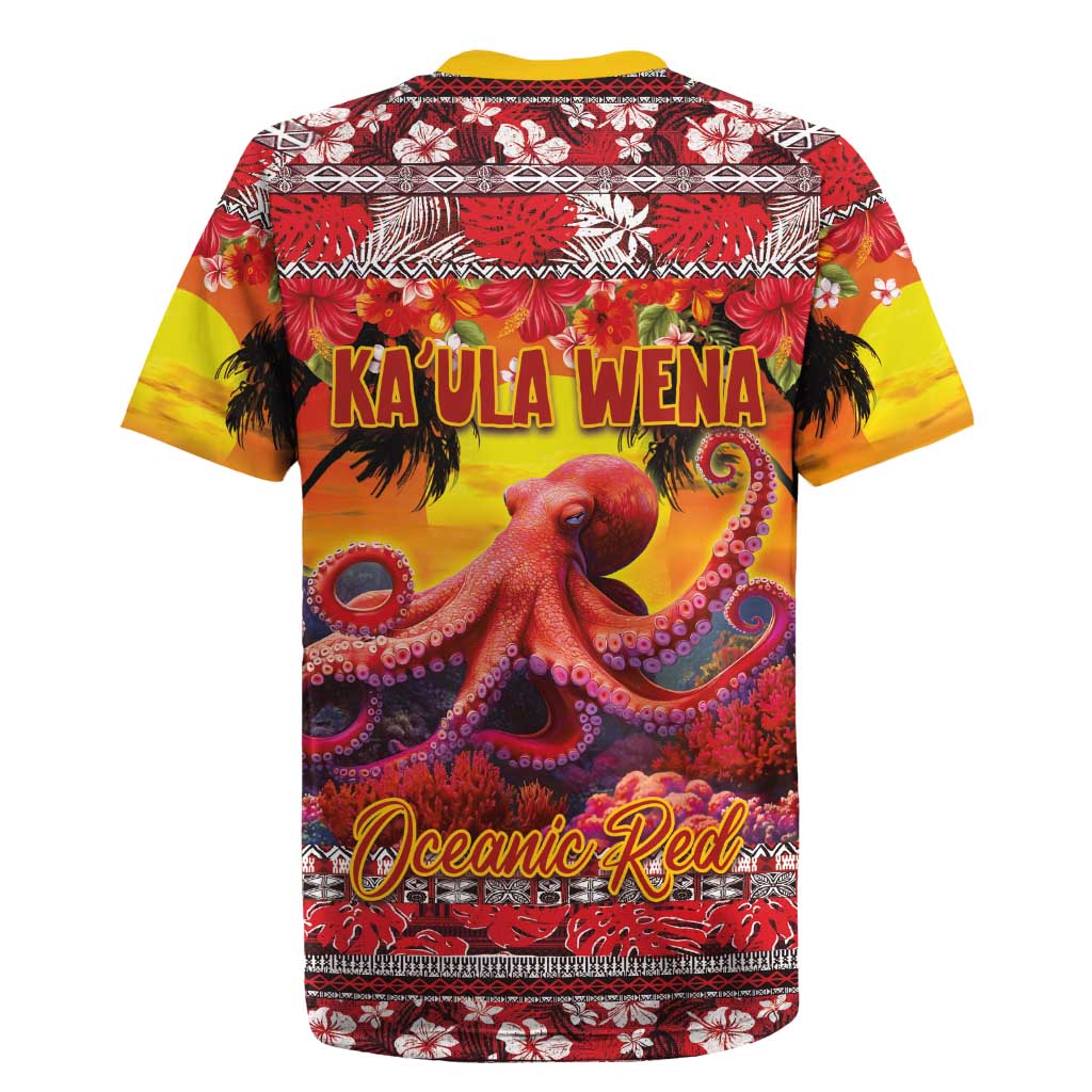 Hawaii KaUla Wena Octopus Rugby Jersey Oceanic Red with Corals and Tropical On Sunset Landscape LT03 - Polynesian Pride