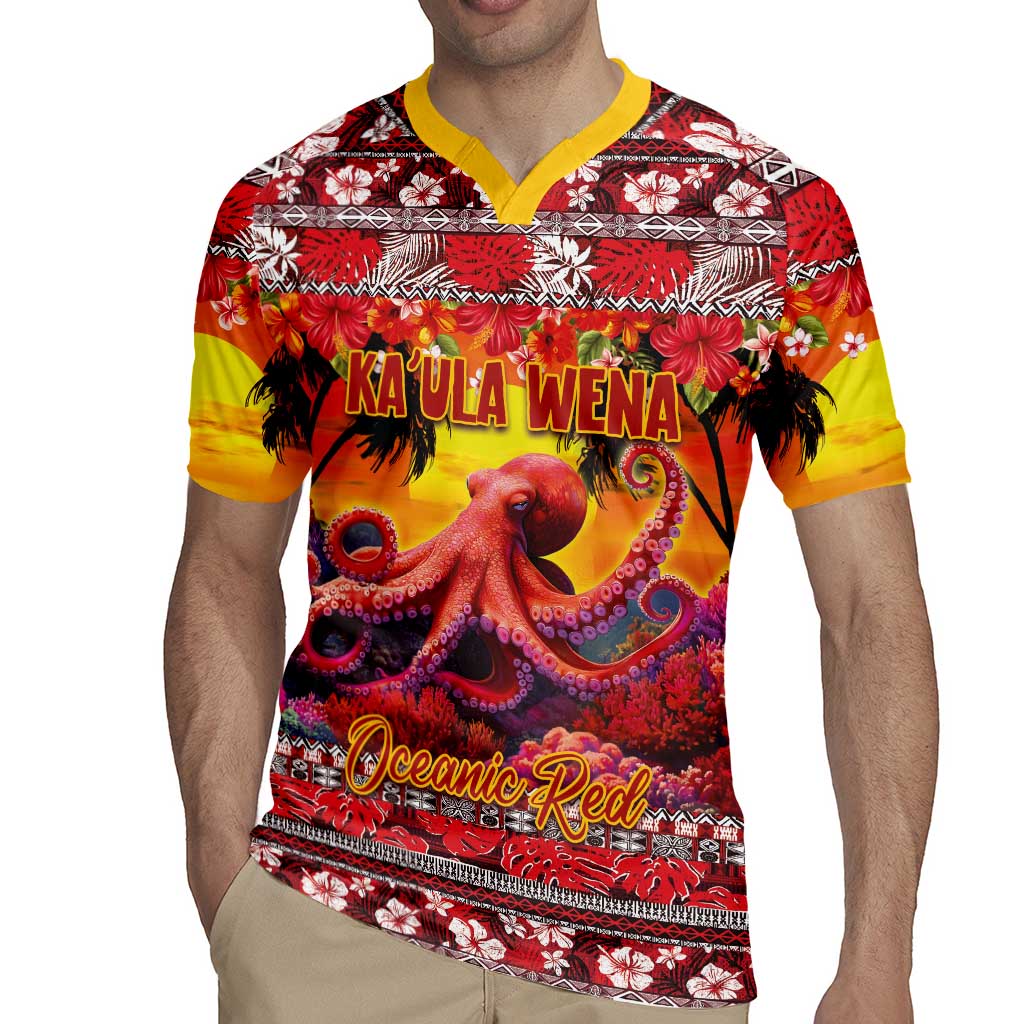 Hawaii KaUla Wena Octopus Rugby Jersey Oceanic Red with Corals and Tropical On Sunset Landscape LT03 - Polynesian Pride