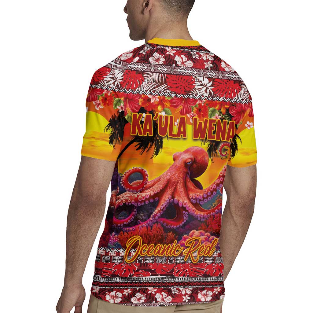 Hawaii KaUla Wena Octopus Rugby Jersey Oceanic Red with Corals and Tropical On Sunset Landscape LT03 - Polynesian Pride
