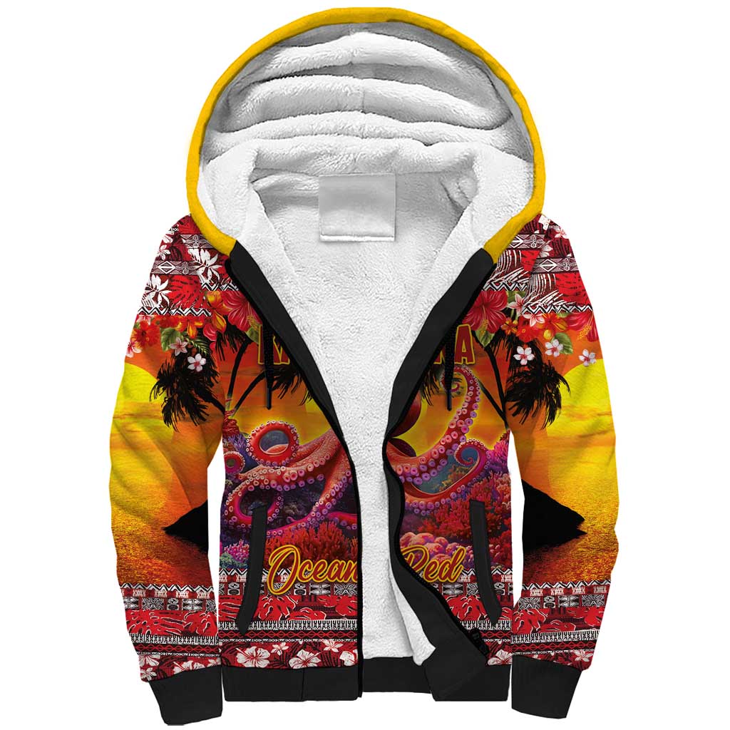 Hawaii KaUla Wena Octopus Sherpa Hoodie Oceanic Red with Corals and Tropical On Sunset Landscape LT03 Unisex Red - Polynesian Pride