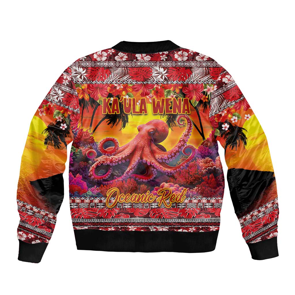 Hawaii KaUla Wena Octopus Sleeve Zip Bomber Jacket Oceanic Red with Corals and Tropical On Sunset Landscape LT03 - Polynesian Pride