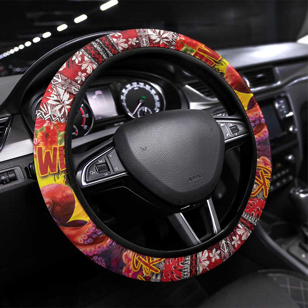 Hawaii KaUla Wena Octopus Steering Wheel Cover Oceanic Red with Corals and Tropical On Sunset Landscape LT03 Universal Fit Red - Polynesian Pride