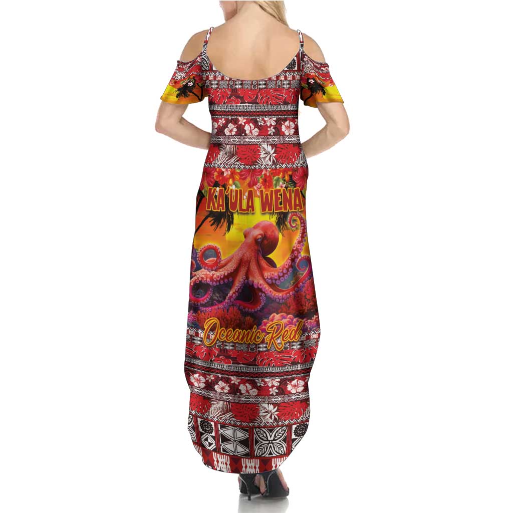 Hawaii KaUla Wena Octopus Summer Maxi Dress Oceanic Red with Corals and Tropical On Sunset Landscape LT03 - Polynesian Pride