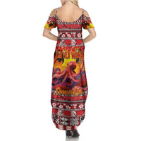 Hawaii KaUla Wena Octopus Summer Maxi Dress Oceanic Red with Corals and Tropical On Sunset Landscape LT03 - Polynesian Pride