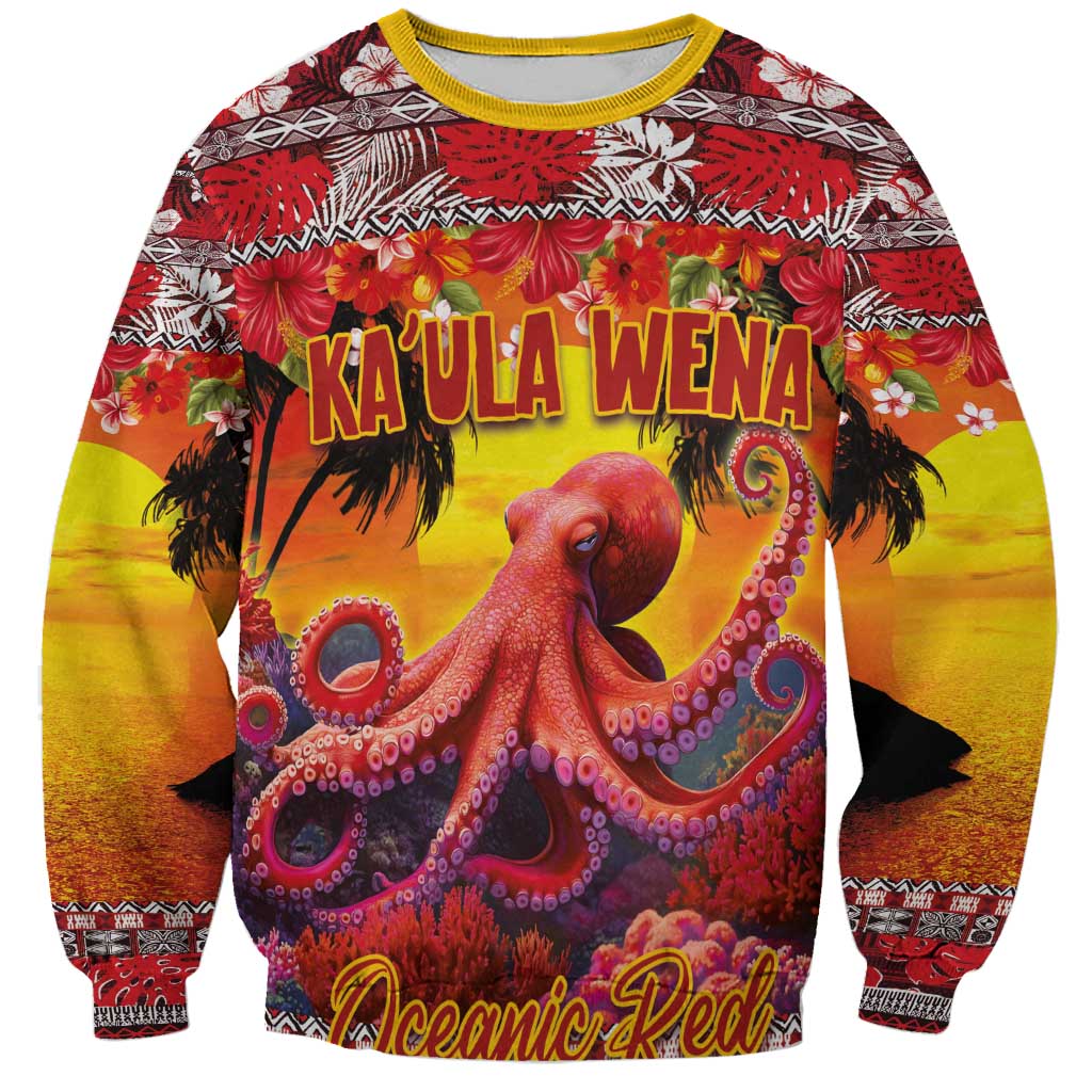 Hawaii KaUla Wena Octopus Sweatshirt Oceanic Red with Corals and Tropical On Sunset Landscape LT03 Unisex Red - Polynesian Pride
