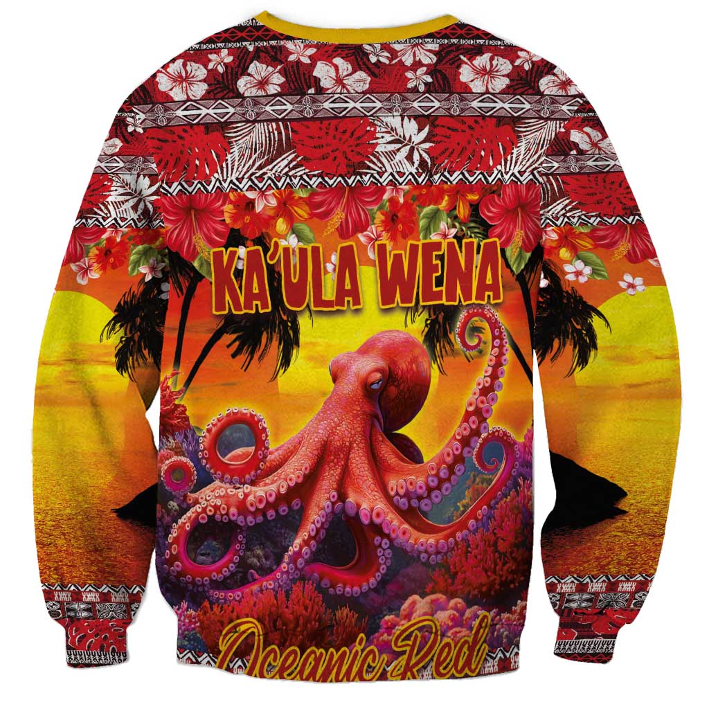Hawaii KaUla Wena Octopus Sweatshirt Oceanic Red with Corals and Tropical On Sunset Landscape LT03 - Polynesian Pride